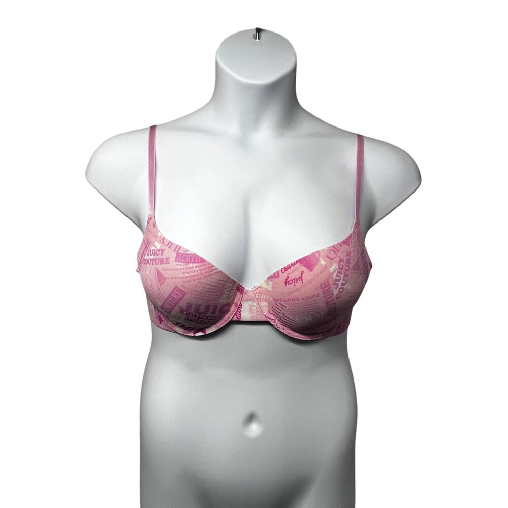 Juicy Couture All Over Logo Spell Out 36C Padded Underwire Pushup Bra Pink
